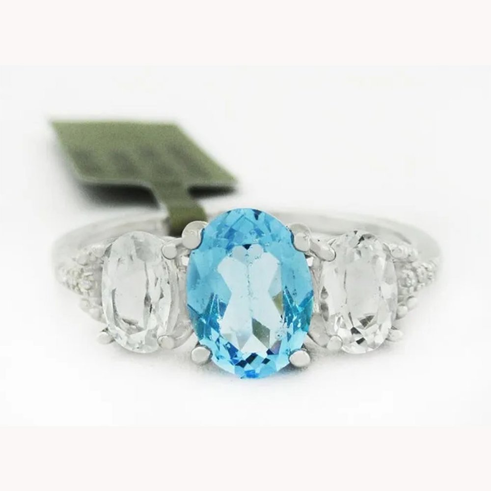 Genuine 1.63 Cts Blue Topaz, Aqua & Diamond Ring 10K White Gold